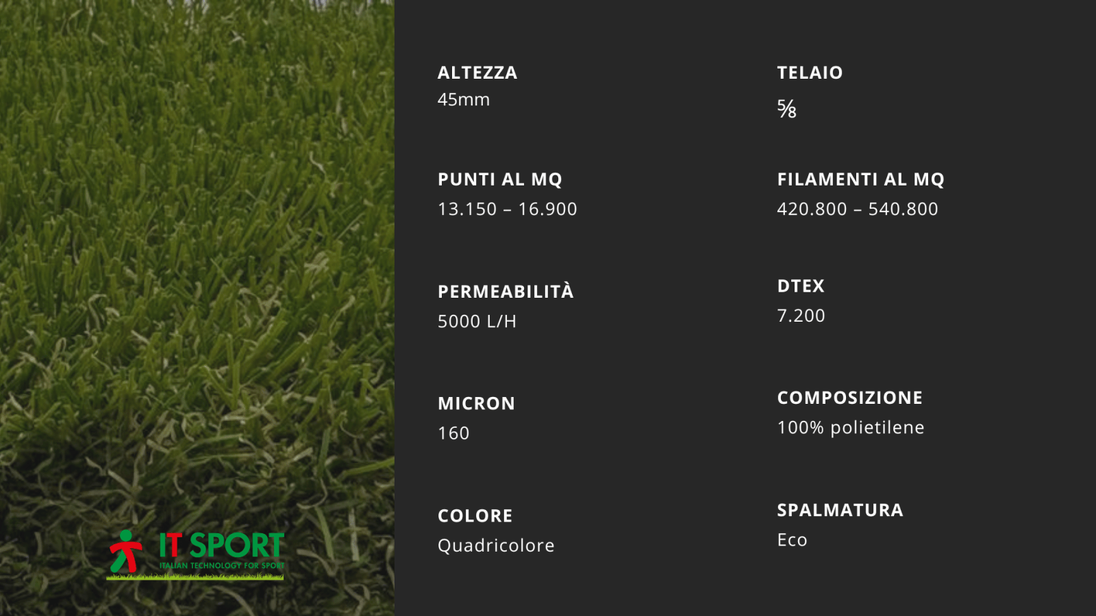 Scheda con le specifiche tecniche del manto ITS DELUXE ECO GREEN
