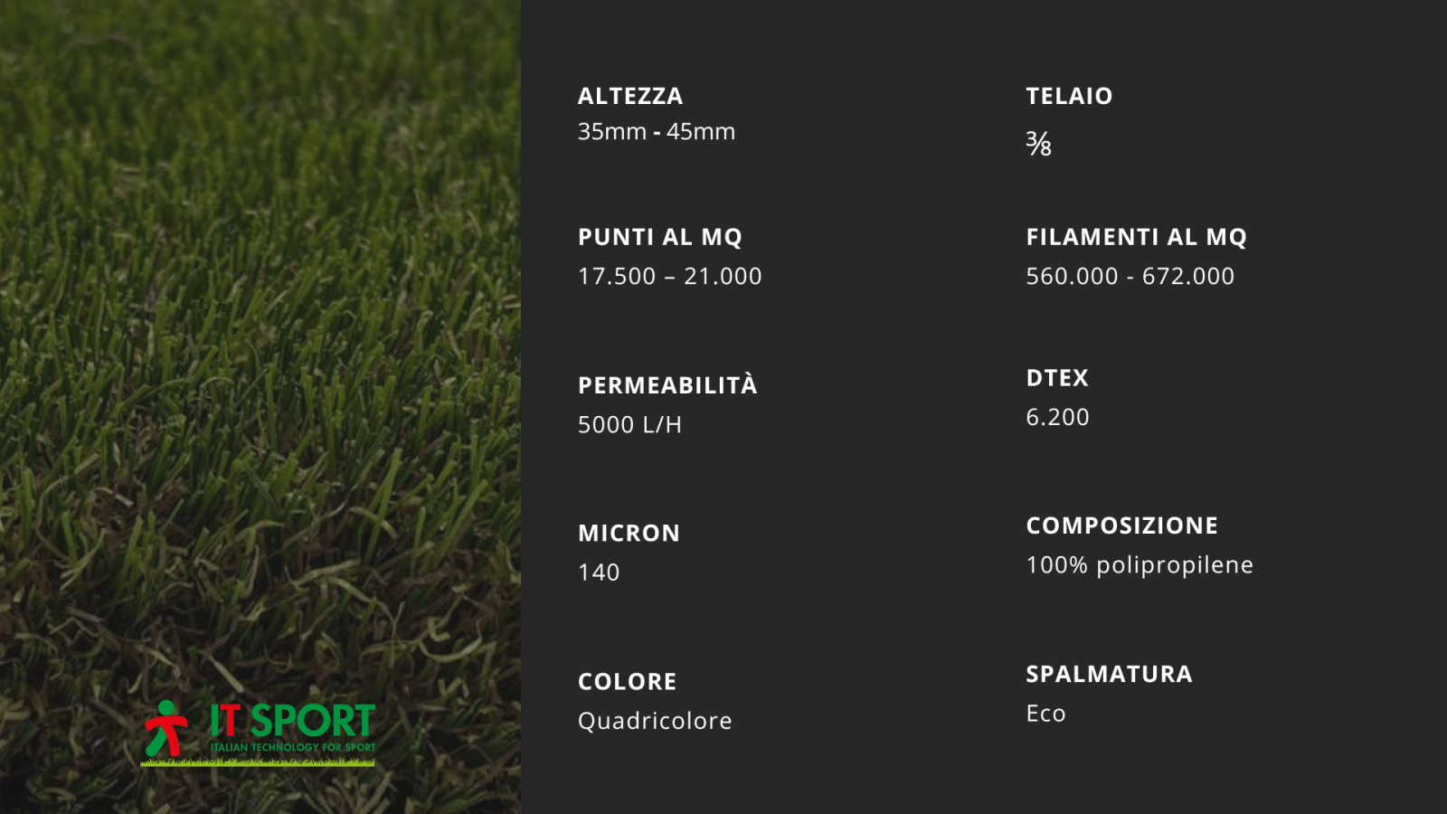 Scheda con le specifiche tecniche del manto ITS SOFT ECO GREEN